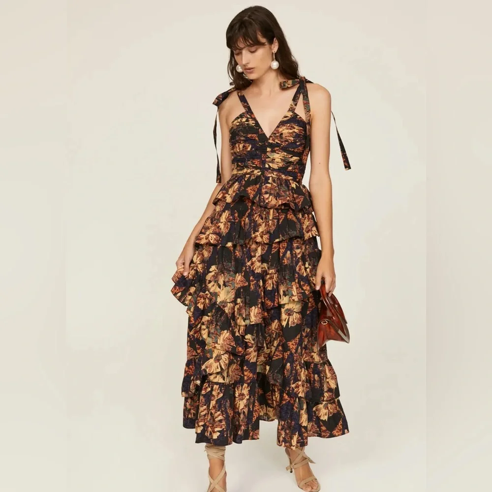 Ulla Johnson Teal Floral Tiered Maxi Dress with Mustard & Brown Trim - Picture 2 of 8